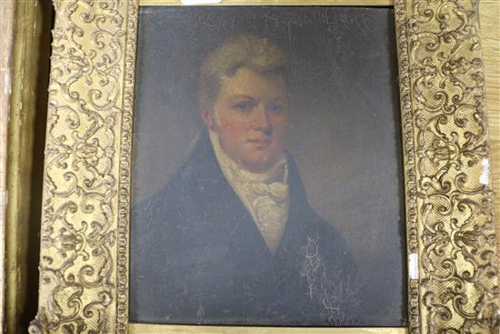 19th century English School, oil on mill-board, portrait of a gentleman, 27 x 22cm and a pastel portrait of the same gentleman